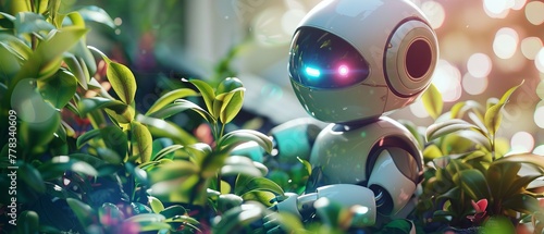 A cute 3D robot gardener, tending to plants with care, its eyes lighting up in various colors as it waters and prunes