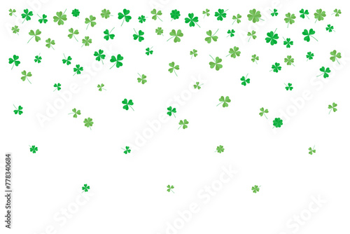 Background of flying green clover leaves, three and four leaf. Vector illustration for cover, banner, poster, card, web and packaging. 