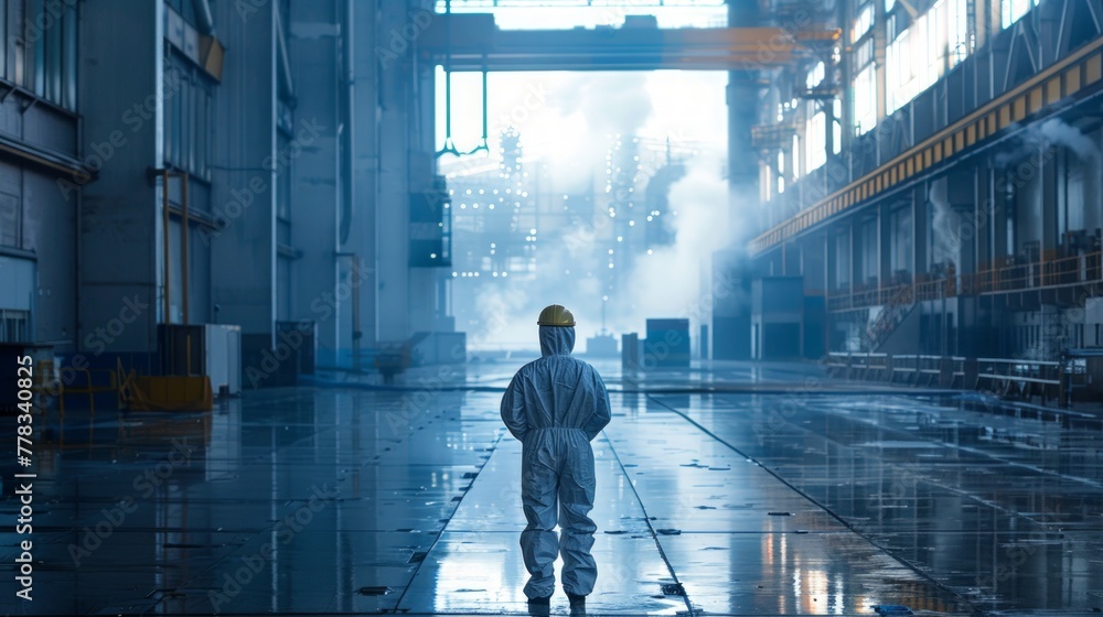 Fototapeta premium Contemplative worker in vast industrial space