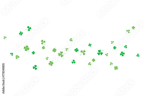 Background of flying green clover leaves, three and four leaf. Vector illustration for cover, banner, poster, card, web and packaging. 