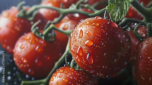 A closeup of fresh tomatoes with water droplets, showcasing their vibrant red color and glossy texture, arranged on the vine photo