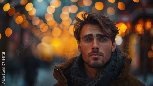 Portrait of a Man with Warm Bokeh Lights