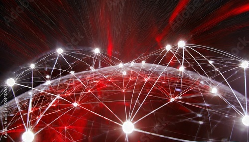 abstract technology network with a dark red background and white glowing globes as hubs with connections