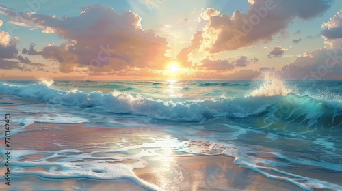 Sunset hues bathe a tranquil beach, waves whisper to the shore