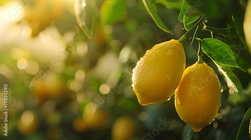 Fresh yellow lemons hanging from a tree branch in a sunny garden