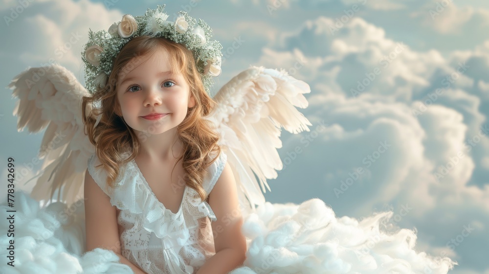 Angelic girl Cupid Kid on Blue Sky Cloud. Concept for advertising children's products. - obrazy, fototapety, plakaty 
