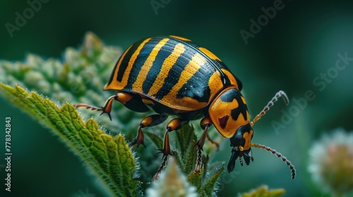 A close-up of a vibrant Colorado potato beetle perched on a green leaf - AI Generated Digital Art