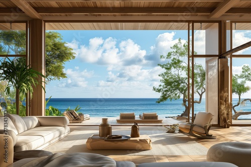 a luxury villa with an open living room  trees  chairs and ocean view