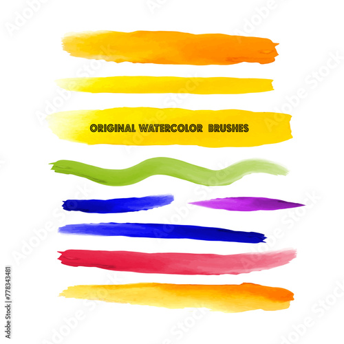 Original watercolour brushes  set, colourful brushes, tint, decorative , paint, drawn, brush stroke, vector