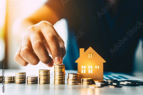 hand with a house on the background of stacks of coins, real estate price