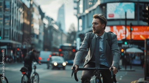 A focused businessman in a suit rides his bicycle through a busy city street, blending sustainability with urban lifestyle. © doraclub