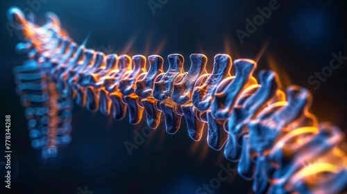 Digital art of human spine with highlighted painful areas in red and blue tones.