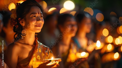 Traditional Thai Woman Holding Candle in Festival, Celebration of Light and Hope