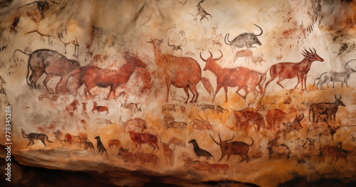 Prehistoric painting of an old cave, featuring numerous animals from ancient times