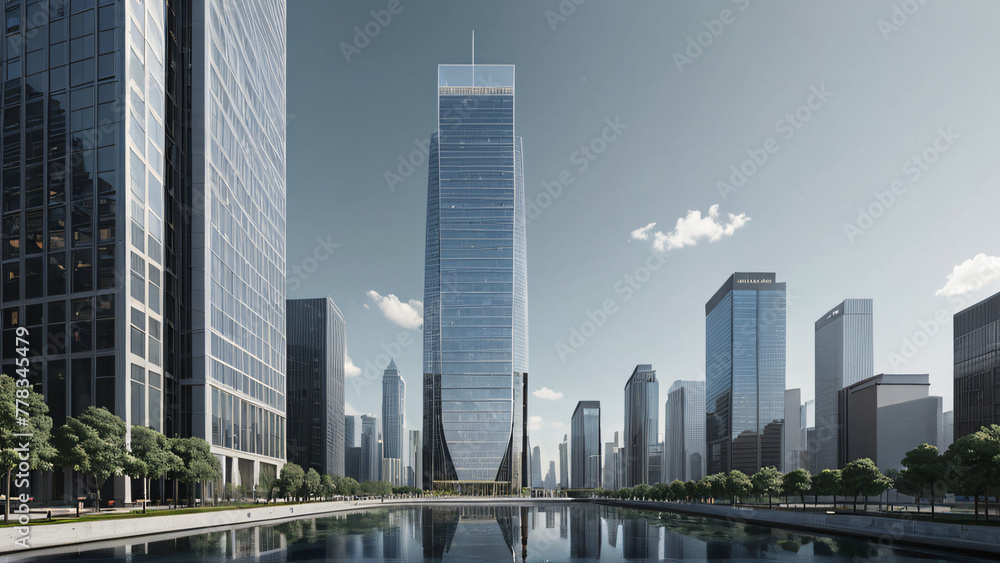 A city with many skyscrapers made of glass and steel towers over a river reflecting the sky. A city with many skyscrapers made of glass and steel towers over a river reflecting the sky.