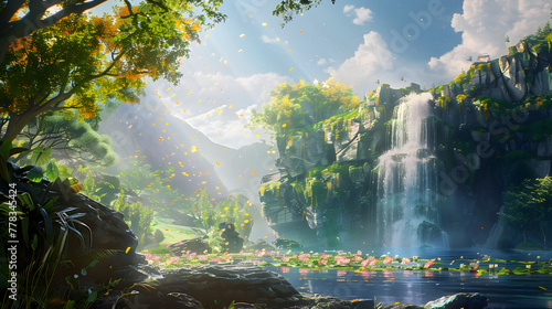 Jungle Waterfall: Serene nature scene with cascading water, lush greenery