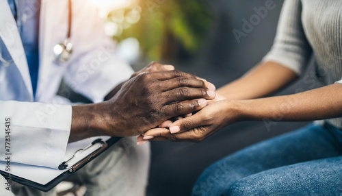 psychiatrist's comforting hands clasping patient's palm, offering solace and support photo