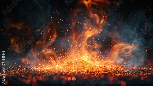 Isolated spark particles with flames on a black background.