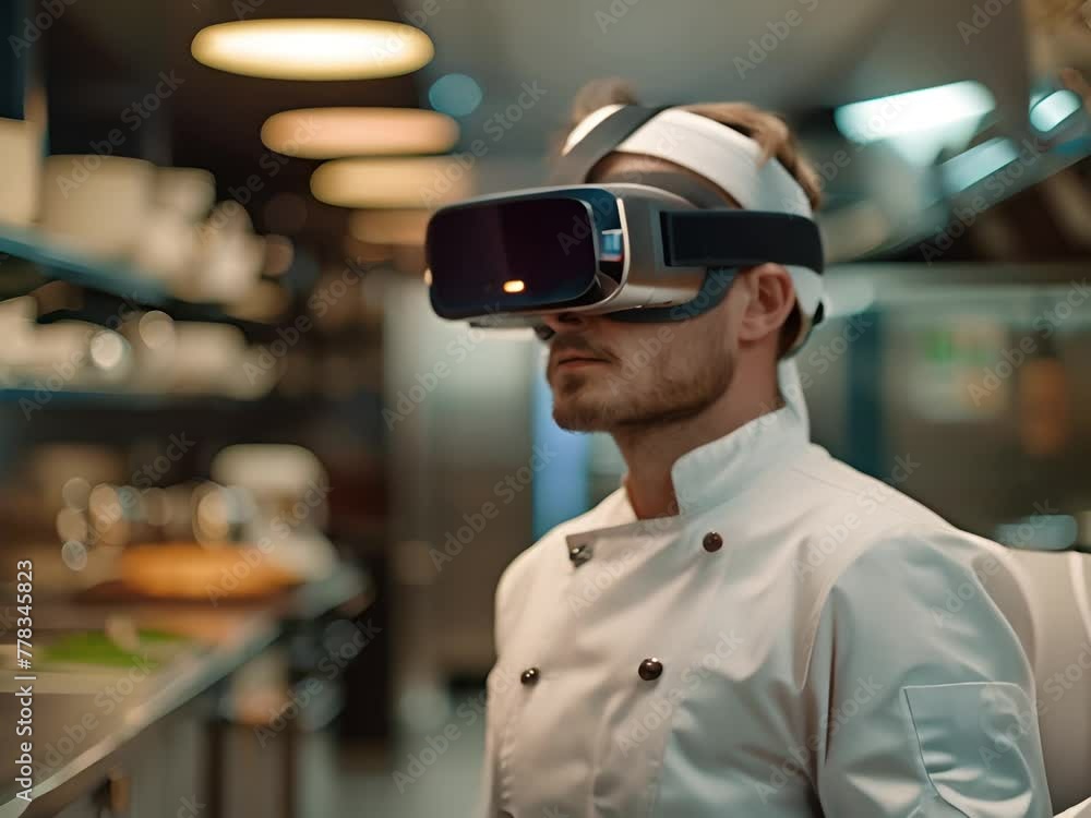 Close-up of a chef in VR headset, practicing emergency kitchen first aid in a virtual scenario Close-up of a chef in VR headset, practicing emergency kitchen first aid in a virtual scenario