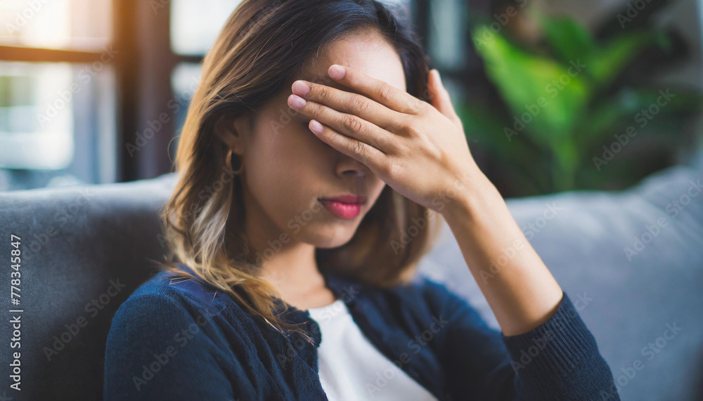 Depressed Caucasian woman sits with moody tone, covering eyes with hand Depressed Caucasian woman sits with moody tone, covering eyes with hand
