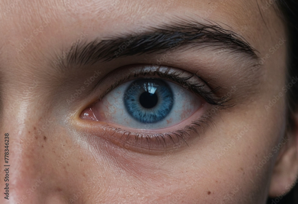 A close up of blue eye looking away, black hair above eye brows, dark room, mean gritty A close up of blue eye looking away, black hair above eye brows, dark room, mean gritty