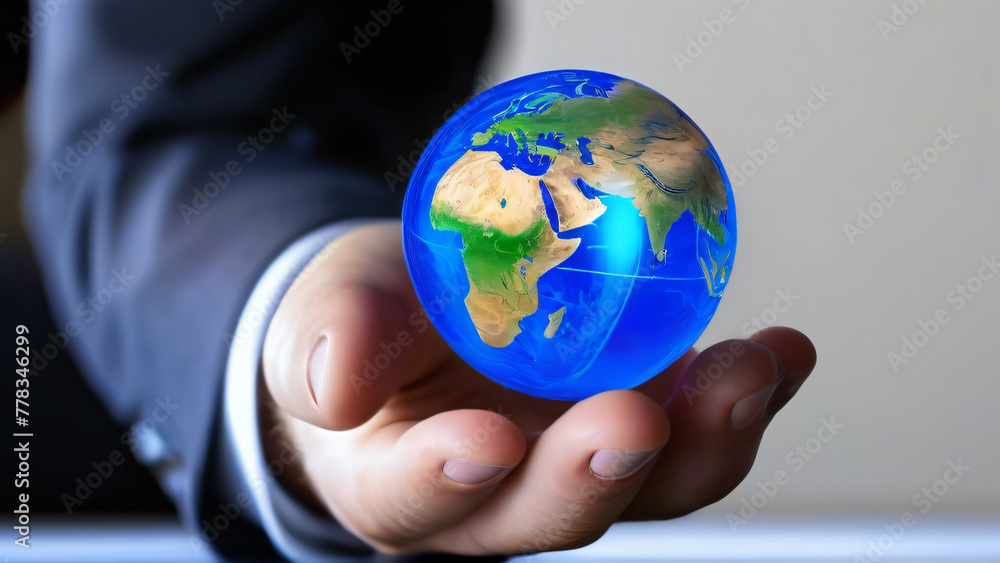 A person in a suit is holding a small, blue and green globe in the palm of their hand. A person in a suit is holding a small, blue and green globe in the palm of their hand.