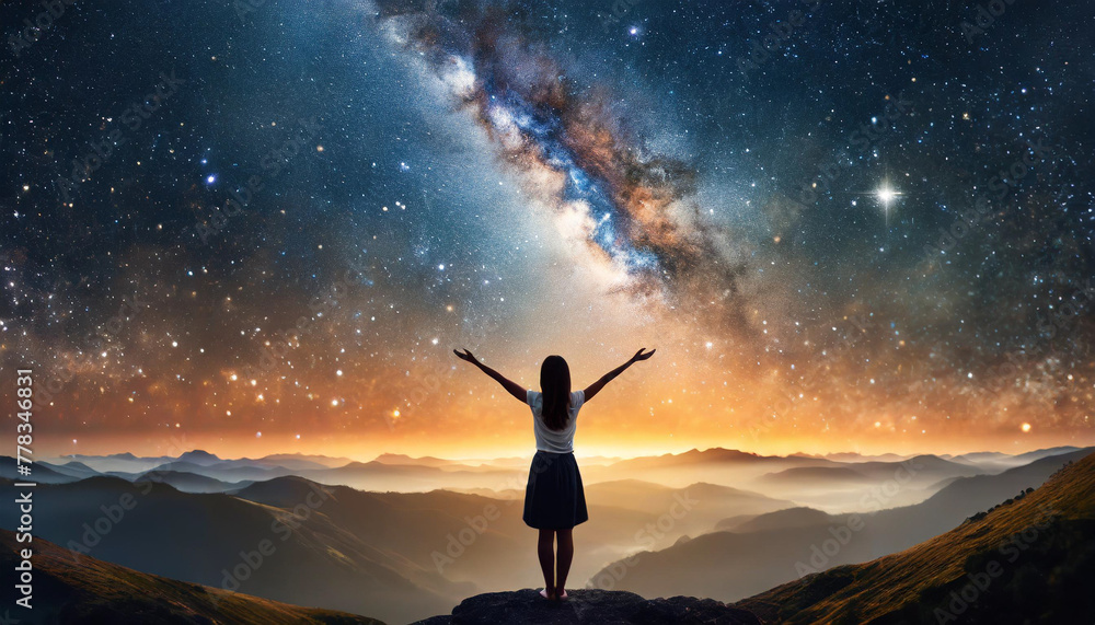 Silhouette of thin woman in worship against starry sky backdrop Silhouette of thin woman in worship against starry sky backdrop