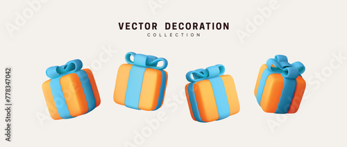 Set of realistic 3d gifts box. Collection of gifts falling in different positions. Holiday decoration presents. Festive gift surprise. Decor Isolated boxes. Vector illustration