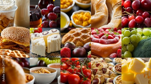 A collage featuring a variety of different foods and drinks arranged together, showcasing a colorful and diverse array of culinary options. photo