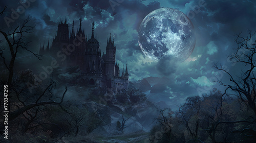 Scary dark castle Halloween decoration Fantastic Winter Epic Magical Frozen nature. Glacier in the mountains. Graveyard cemetery to castle In Spooky scary dark Night full moon