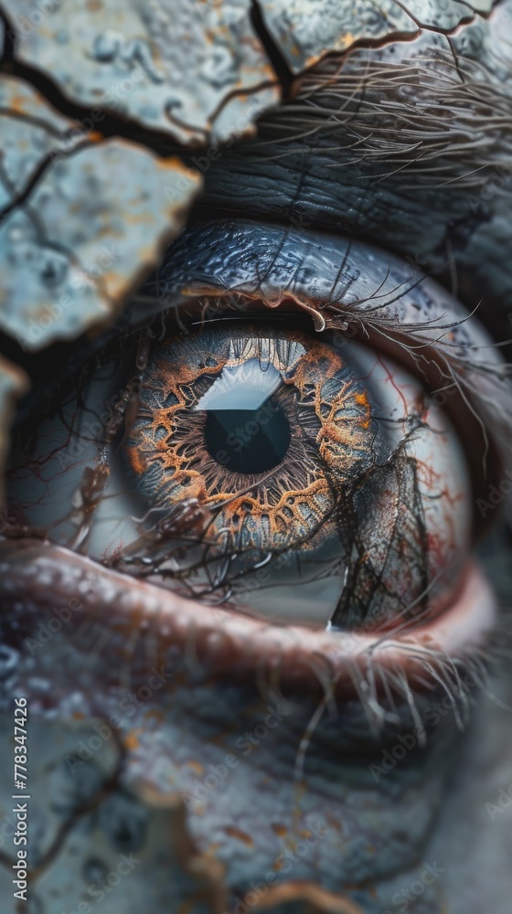 A decomposing zombie eye staring intently at a cracked smartphone screen, displaying static A decomposing zombie eye staring intently at a cracked smartphone screen, displaying static