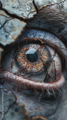 A decomposing zombie eye staring intently at a cracked smartphone screen, displaying static
