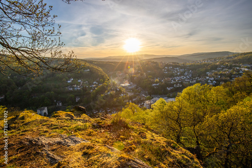 Landscape at sunrise. Beautiful morning environment with fresh greenery in spring. A small place in the middle of nature. taken from a small mountain, Taunus, Hesse, Germany
