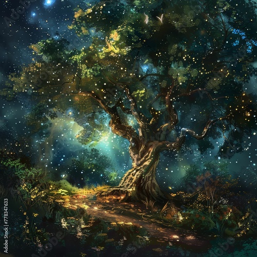 Ancient druid grove under starlight, magic and mystery blend