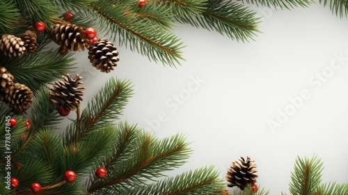 Festive Christmas Tree Branches, creative, seasonal arrangement of pine branches with pine cones and red berries on a white background, ideal for festive holiday designs