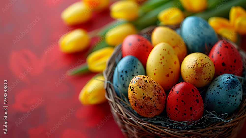 Fototapeta premium Easter background, Easter basket with colorful easter eggs and tulips, high resolution graphic source, 16:9, 1920*1080