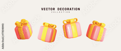 Set of realistic 3d gifts box. Collection of gifts falling in different positions. Holiday decoration presents. Festive gift surprise. Decor Isolated boxes. Vector illustration © lauritta