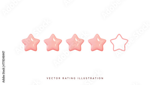 Five stars, glossy pink colors. Customer rating feedback concept from the client about employee of website. Realistic 3d design of the object. For mobile applications. Vector illustration