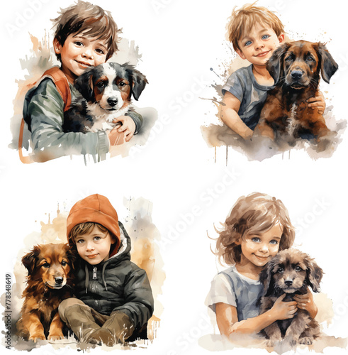 child and puppy watercolor vector illustration
