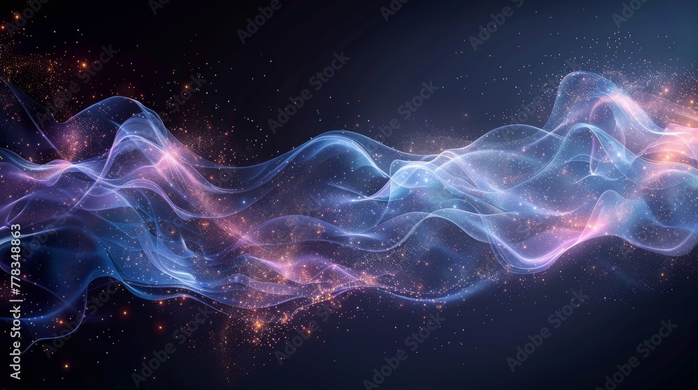 An abstract motion background with a neon effect. Shimmering waves with light effect isolated on a transparent background. Old dust trails glittering in the background. Magic lines at the bottom.