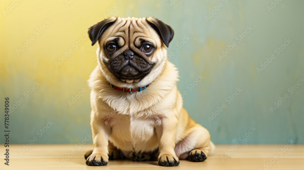 A pug is sitting on a wooden floor against a yellow background