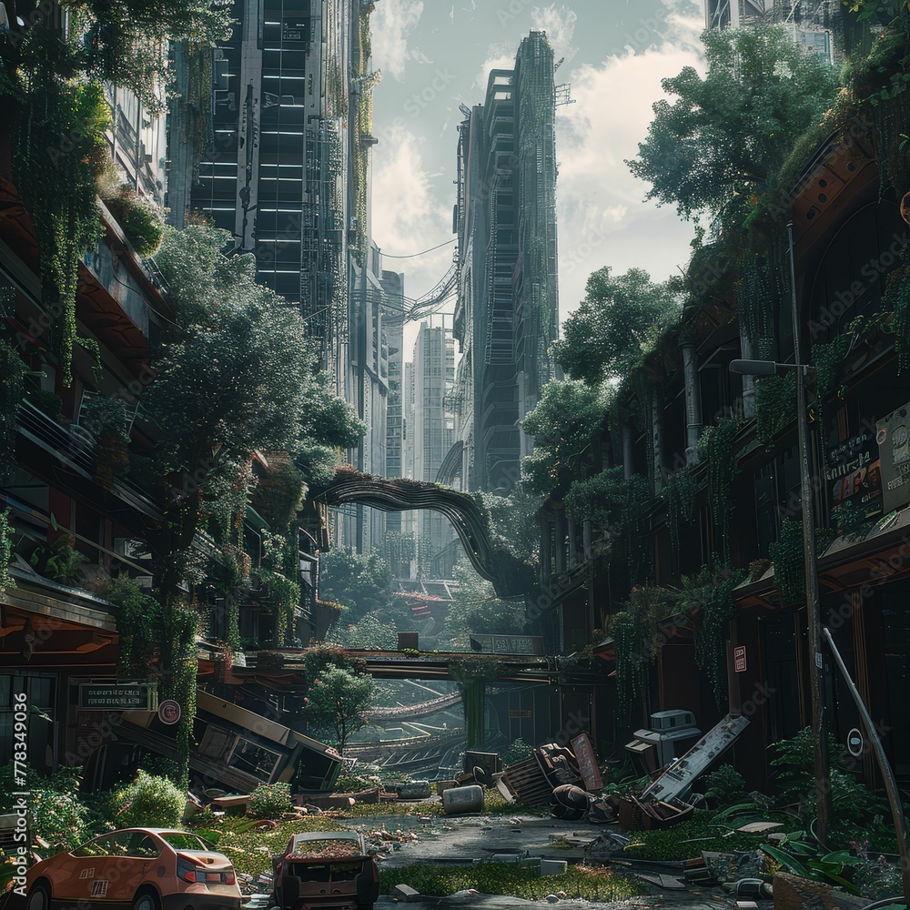 Dystopian future city tour, exploring life after collapse