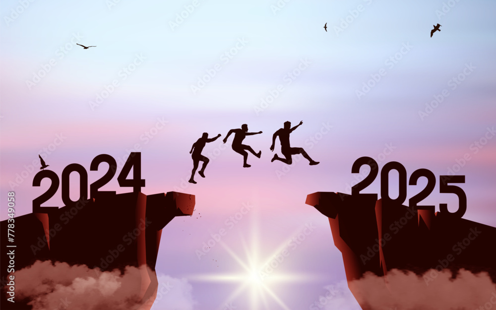 Silhouette of mens jumping from a cliff over a cliff with sunlight