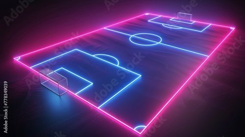 The image shows a 3D render of a neon football field scheme, a football playground, a virtual sportive game with an outline of a pink blue glowing line. photo