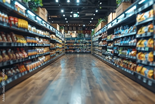 Empty supermarket, blurred background and abstract light photo