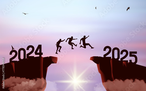 Silhouette of mens jumping from a cliff over a cliff with sunlight. Sunset sky with clouds and flying birds. Leap concept in 2025. concept jump 2024 into the New Year 2025. Vector business concept.