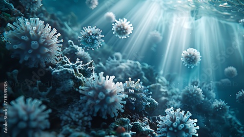 A conceptual visualization of a nanotechnology swarm detoxifying a polluted water source, with nanobots clustering around contaminants to break them down.