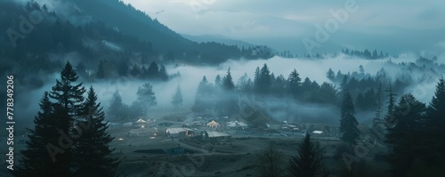 Ethereal music festival in a foggy valley, sounds envelop