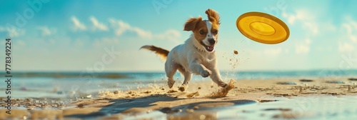 A dog chases a frisbee on a sunny beach, ideal for showcasing pet-friendly vacation spots or active beachside fun with pets photo