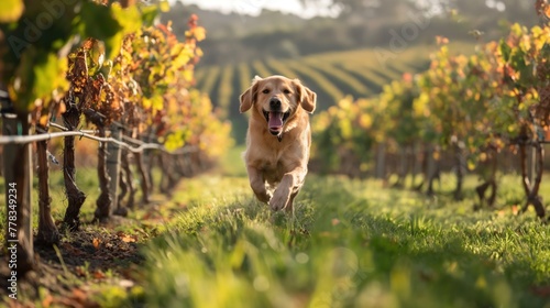 A happy golden retriever runs through a vineyard, a perfect scene for promoting pet-friendly winery experiences or outdoor excursions with pets. photo